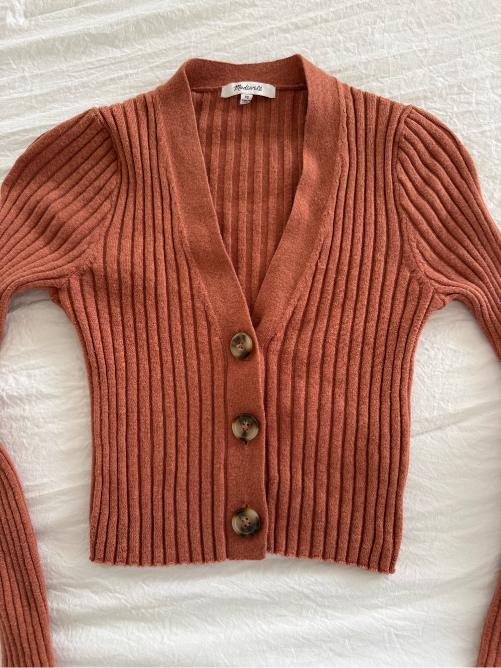 Madewell Ribbed Button-Front Cropped Cardigan in Rust - Picture 2 of 9